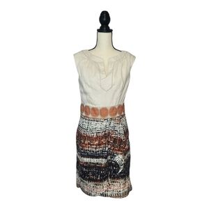 Milly Dress Crean Black Orange Split V Neck Faux Wrap Draped Skirt Size 8